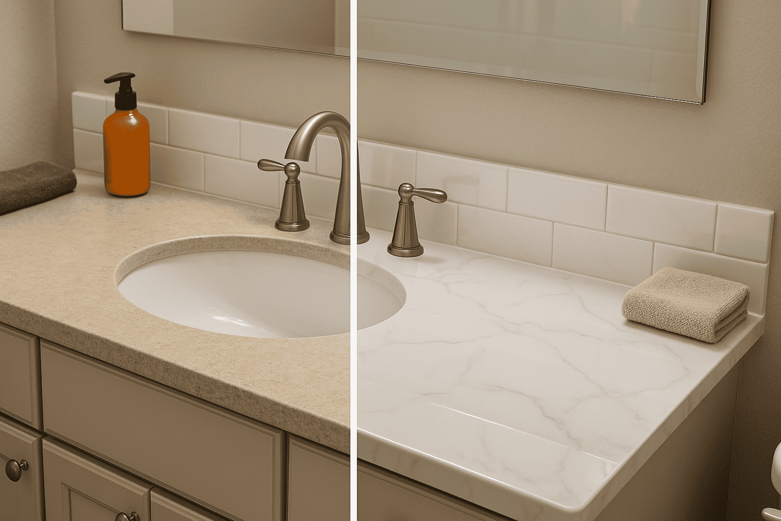 Side by side bathroom vanity comparison showing beige laminate and white marble style countertops with modern metal faucets, highlighting budget remodel material options