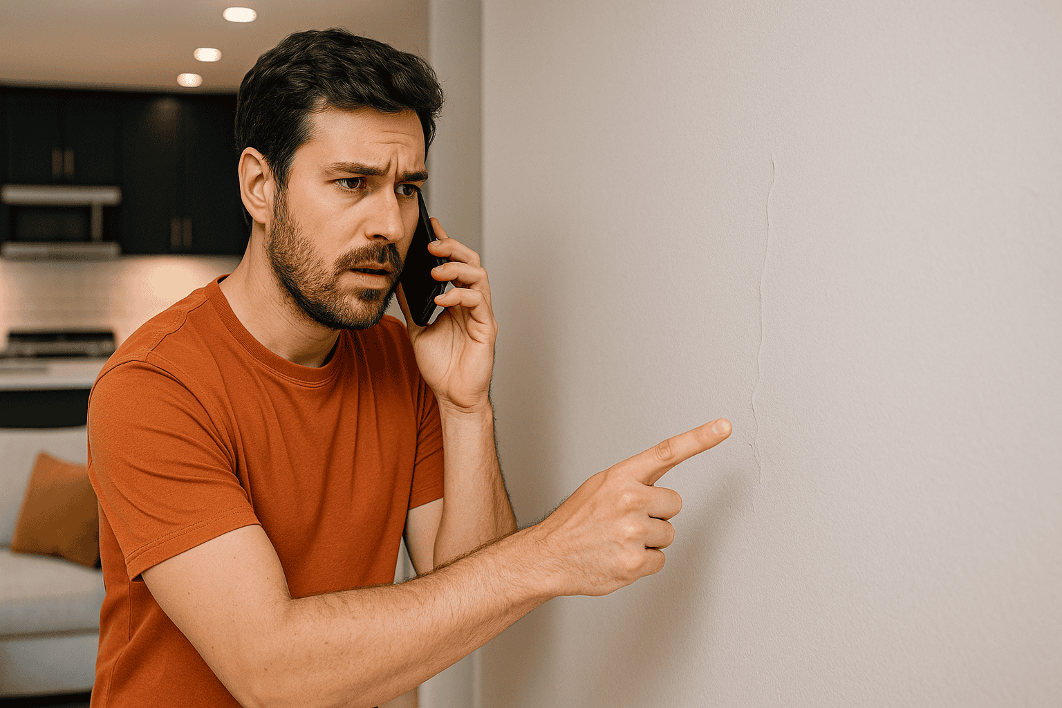 Concerned man in an orange shirt on the phone pointing at a visible crack on a recently remodeled white wall in his home in Indio, highlighting post-remodeling support needs.