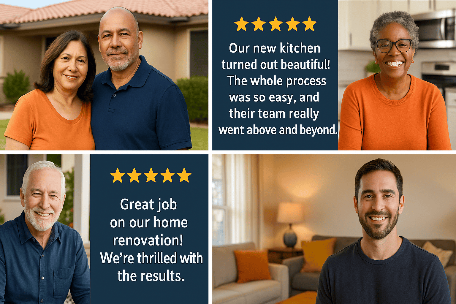 Collage of smiling homeowners in Indio sharing positive reviews of their recent home remodeling experiences, highlighting five-star ratings and satisfaction with contractor support and service.