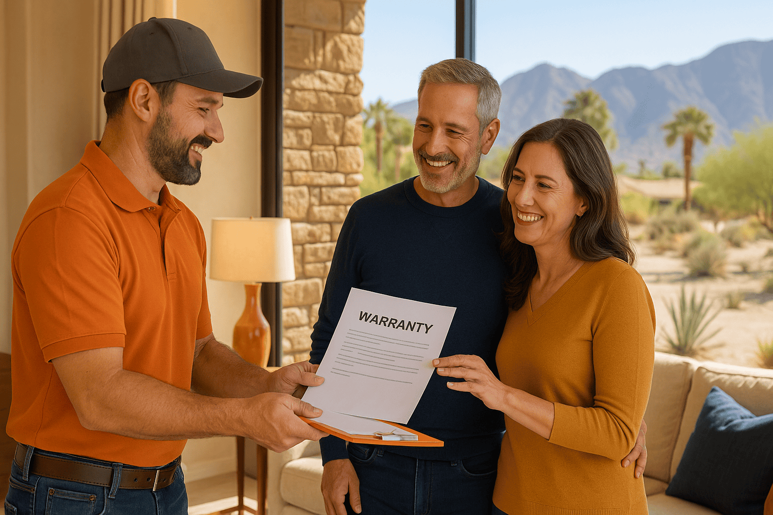 Contractor hands a warranty document to a smiling couple inside a modern living room with desert landscape views, representing excellent post-remodeling support and service in Indio and Coachella Valley.
