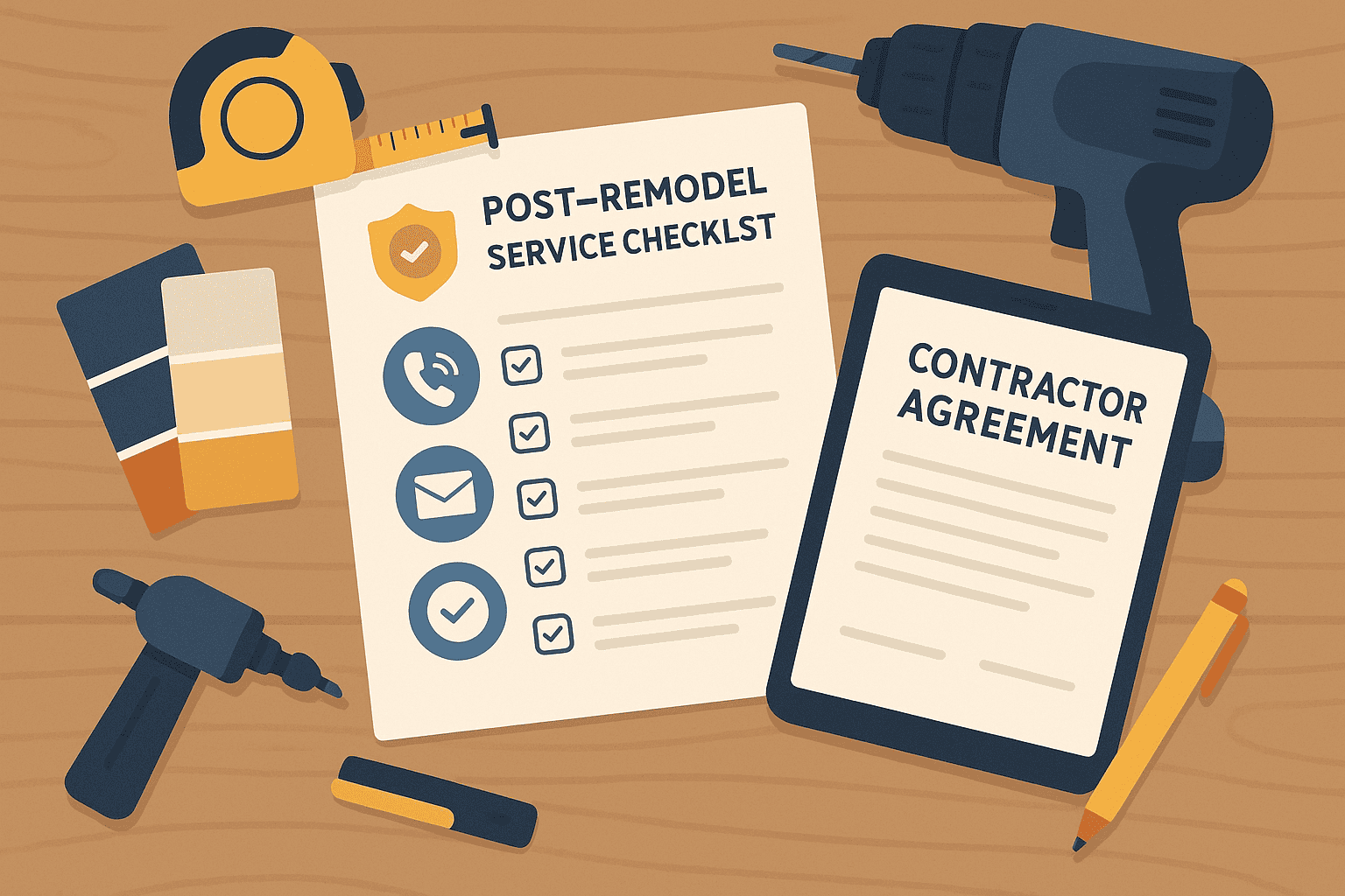 Illustration of a table with a post-remodel service checklist, contractor agreement on a tablet, paint swatches, tape measure, power drill, and pen, visually representing client satisfaction reviews for remodeling contractors in Indio and the Coachella Valley.